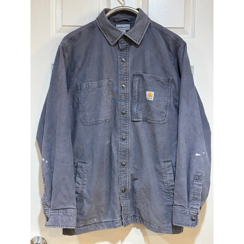 Carhartt Mens Hubbard Sherpa Lined Shirt Jacket Gray Canvas Workwear Medium